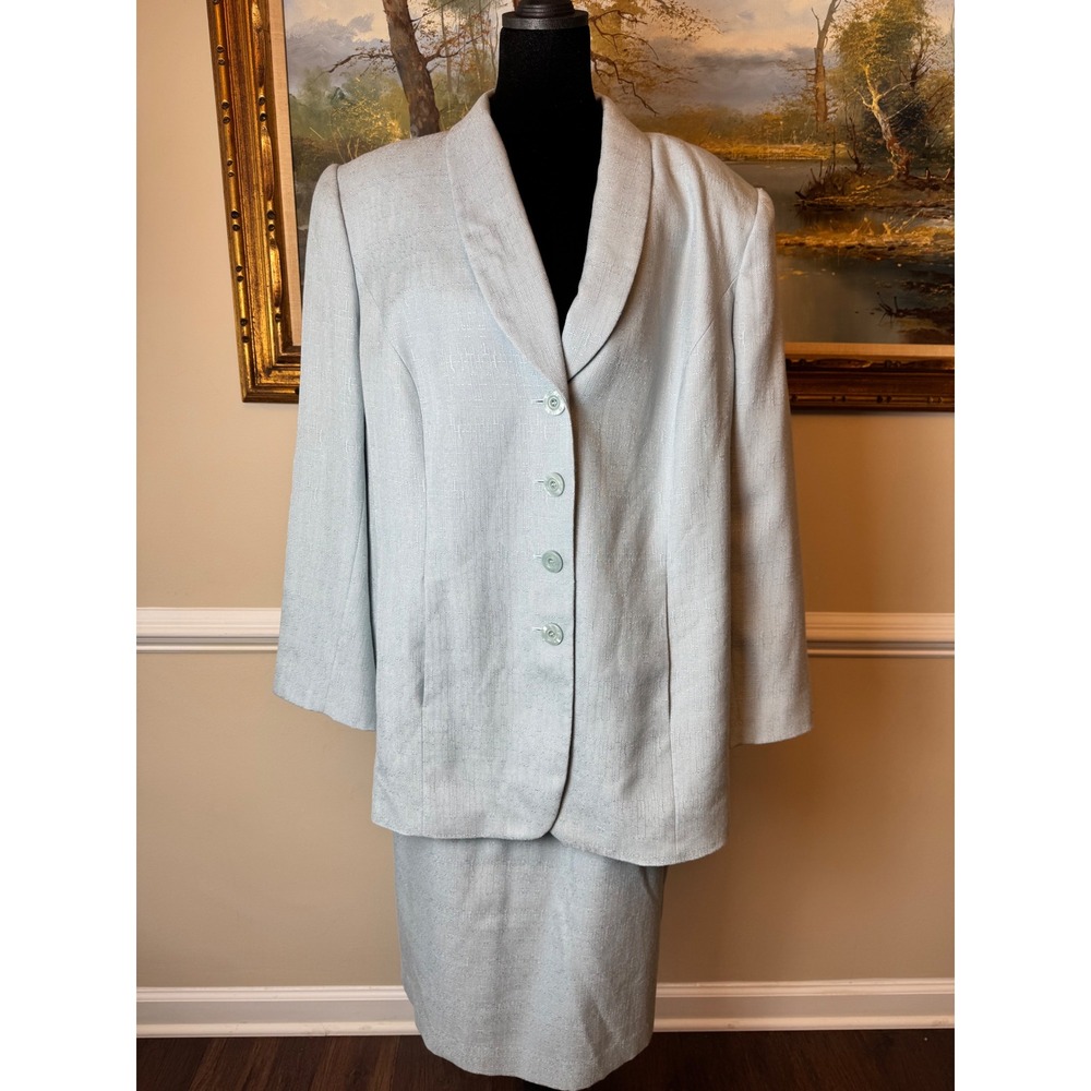 Le Suit Woman Light Blue Textured 2 Piece Skirt Suit Set Blazer 18W Career